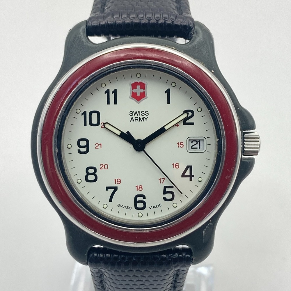Vintage Swiss Army Men's Watch 38mm Red Bezel Date Black Leather New Battery